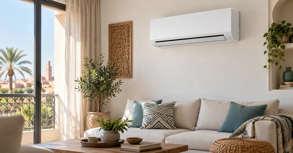 Climatiseur mural 12 000 BTU dans un salon au Maroc